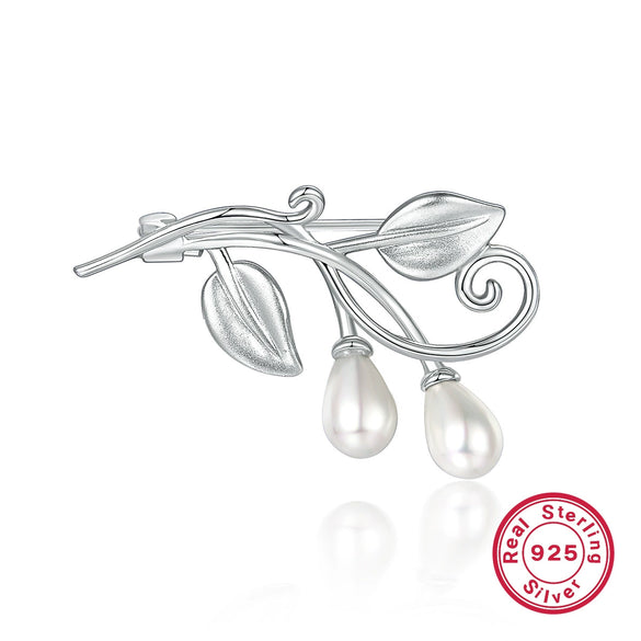 Silver Brooch With Zircon And Leaf Pattern Set With Pearls Unisex Jewelry