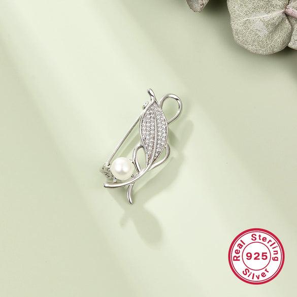 Silver Brooch With Zircon And Leaf Pattern Set With Pearls Unisex Jewelry