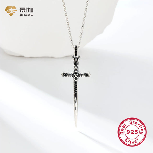 925 Silver Cross Sword Retro Punk Unisex Necklace With Geometric Pattern And Seiko Treatment