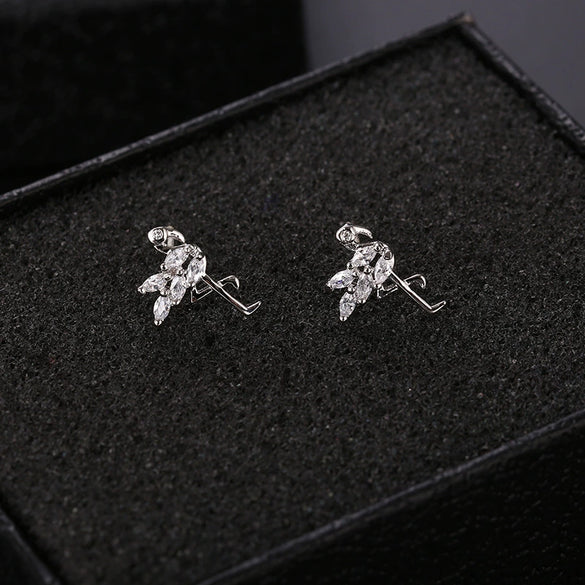 Silver Earrings With Triangle Swan Clover Coconut Tree Leaves Diamond Crane Patterns