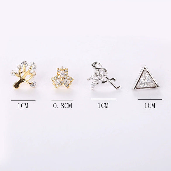 Silver Earrings With Triangle Swan Clover Coconut Tree Leaves Diamond Crane Patterns