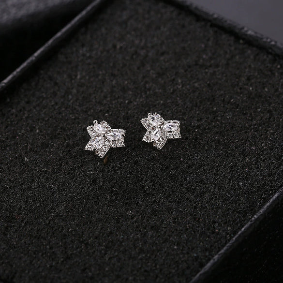 Silver Earrings With Triangle Swan Clover Coconut Tree Leaves Diamond Crane Patterns