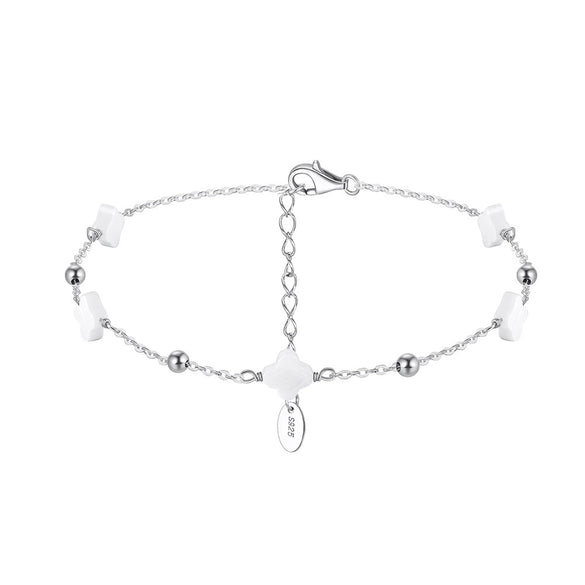 Silver Electroplated Four Leaf Clover Flower Double Layer Anklet For Women