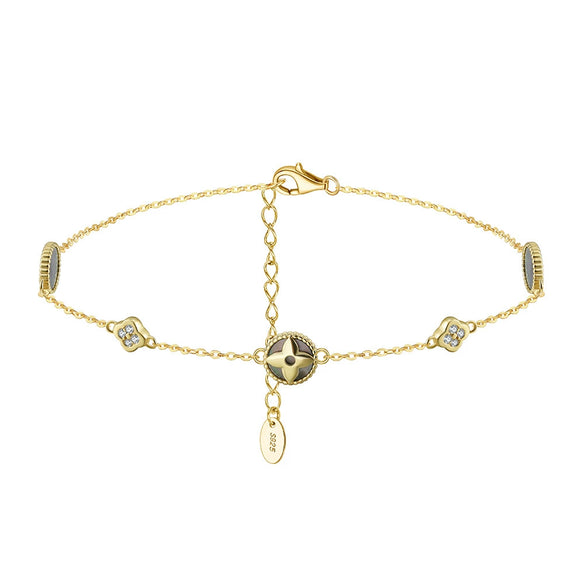 Silver Electroplated Four Leaf Clover Flower Double Layer Anklet For Women