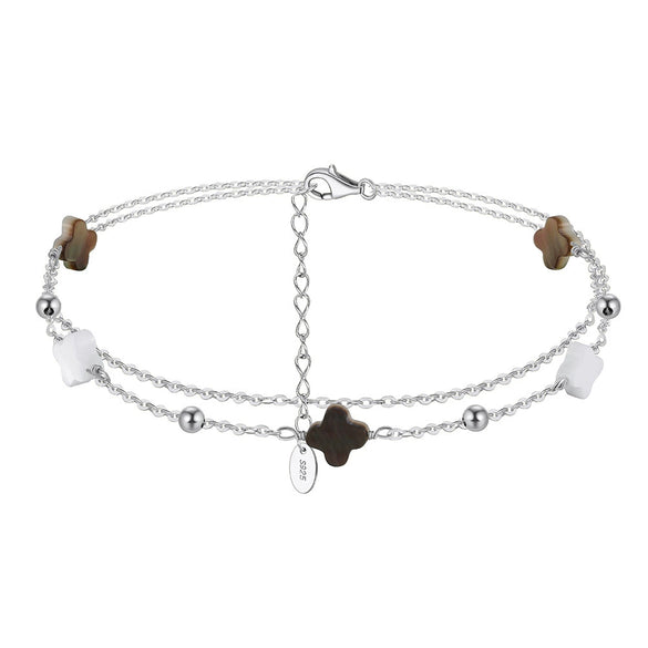 Silver Electroplated Four Leaf Clover Flower Double Layer Anklet For Women