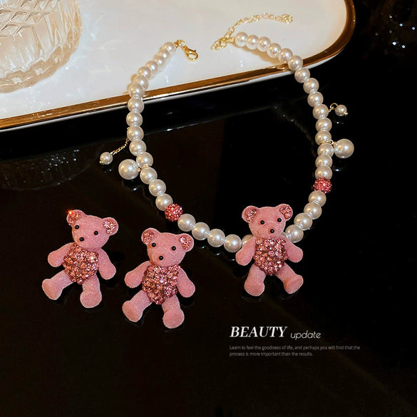 Silver Flocking Bear Heart Earrings For Girls Cartoon Cute Sweet Design
