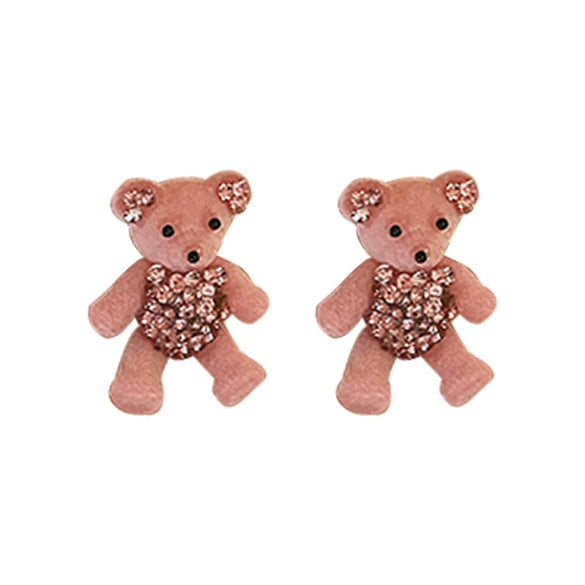Silver Flocking Bear Heart Earrings For Girls Cartoon Cute Sweet Design