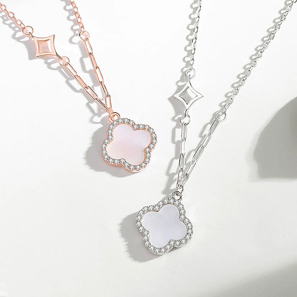 Silver Fourleaf Clover Women's Necklace Geometric Design Cross Chain