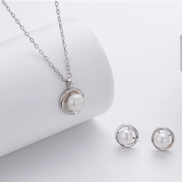 Silver Freshwater Pearl Pendant Clavicle Chain And Earrings For Women Electroplating Princess Style