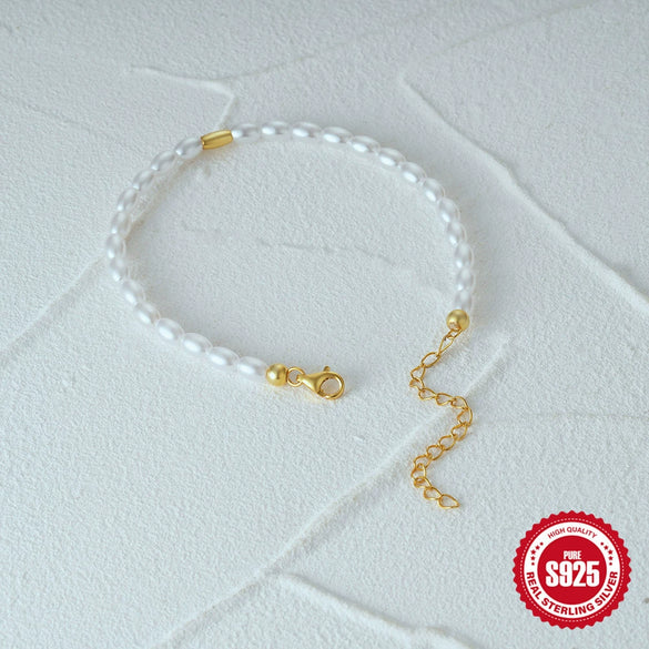 925 Silver Freshwater Pearl Women's Bracelet With Geometric Design And Pearl Inlaid