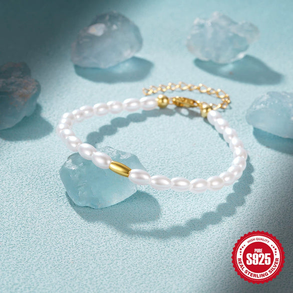 925 Silver Freshwater Pearl Women's Bracelet With Geometric Design And Pearl Inlaid