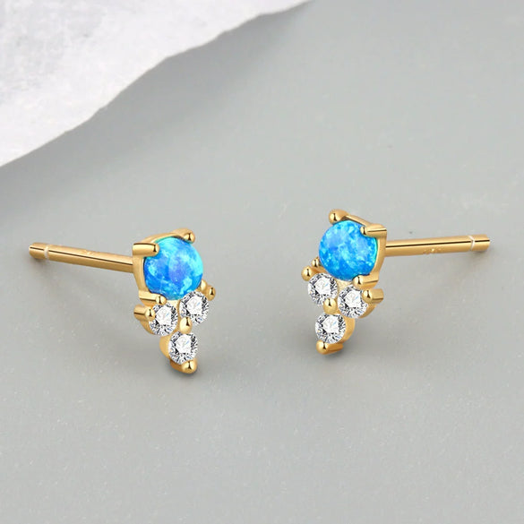925 Silver Geometric Blue Opal Inlaid Stacked Earrings For Women Electroplated Minimalist Fashion Jewelry