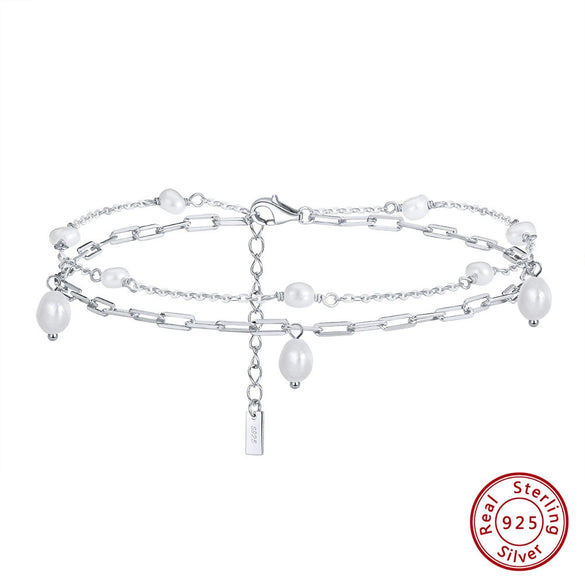 Silver Geometric Double Layer Overlapped Natural Baroque Pearl Women's Bracelet