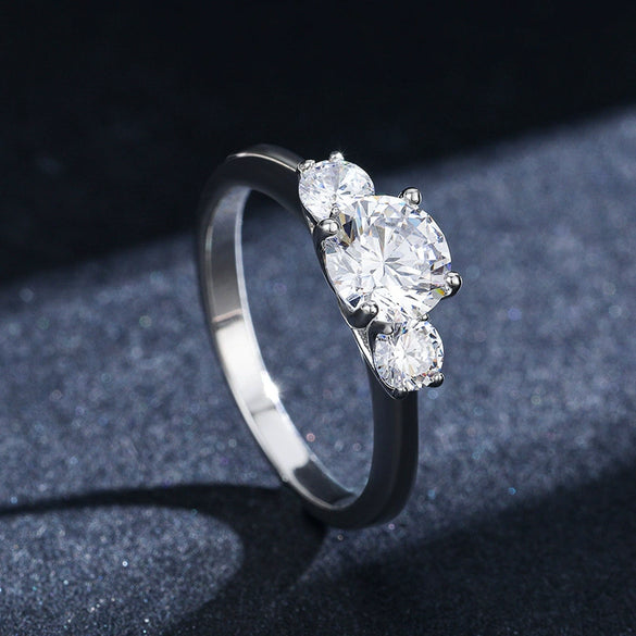 Silver Geometric Elegant Women's Ring With Triple Zircon And Seiko Design