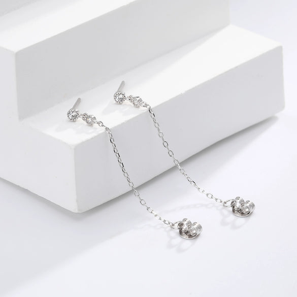 Silver 925 Geometric Inlaid Zircon Light Luxury Round Tassel Earrings