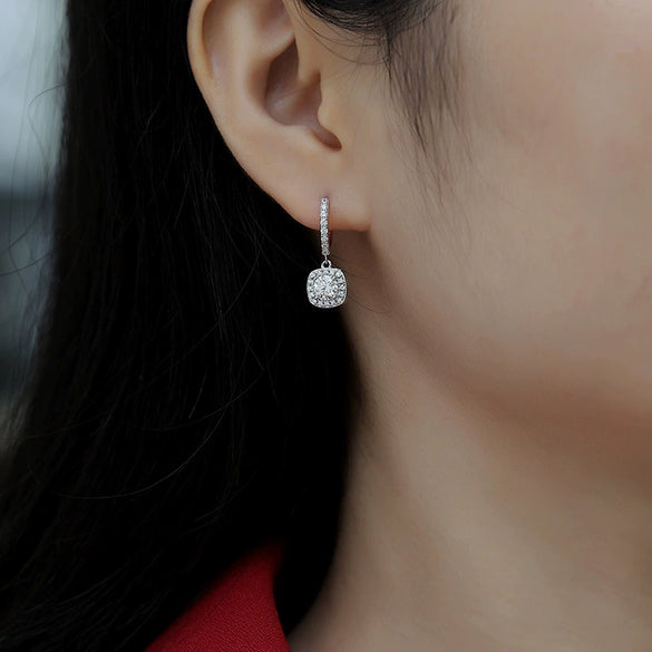 Silver 925 Geometric Long Square Moissanite Inlay Women's Earrings Retro Elegant Style