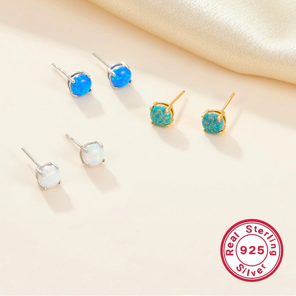 925 Silver Geometric Opal Earrings With Four Claws Electroplated For Women And Men