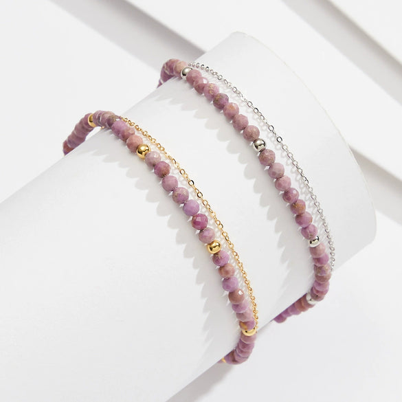 Silver Geometric Simple Style Women's Anklet With S925 Gold Beads And Purple Mica Double Chain