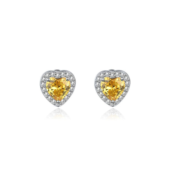Silver Heart Shape Earrings With Yellow Diamond Studs Hypoallergenic Jewelry