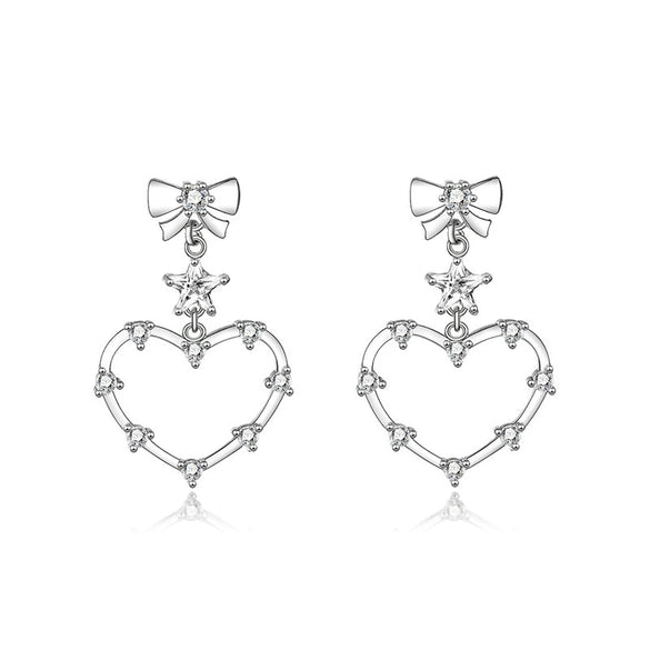 925 Silver Heartshaped Bow Earrings Inlaid With Fivepointed Star Tassel Zircon Diamond Design