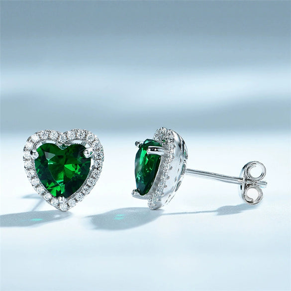 925 Silver Heartshaped Earrings With Green White Zirconium And Emerald Gem Seiko Plated