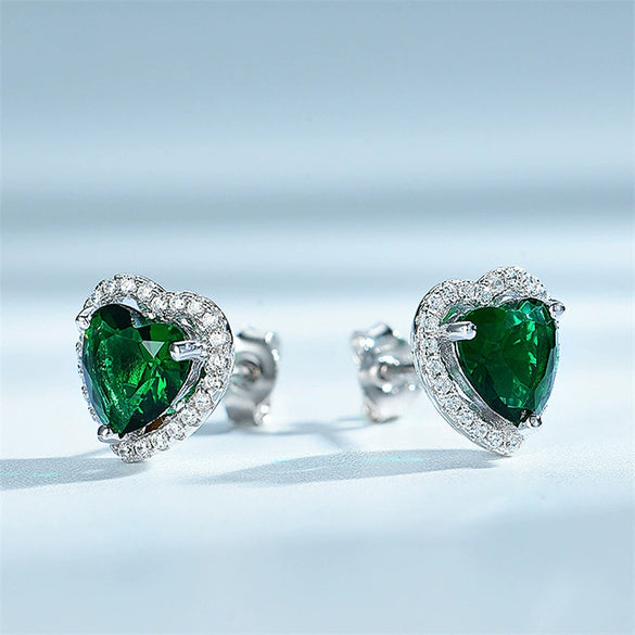 925 Silver Heartshaped Earrings With Green White Zirconium And Emerald Gem Seiko Plated