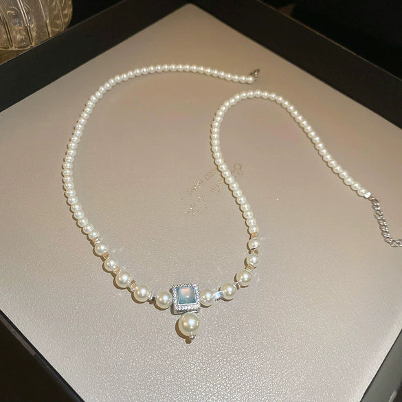 Silver Imitation Pearls And Zircon Geometric Clavicle Necklace For Women Set With Pearls