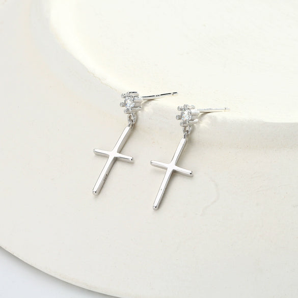 Silver Inlaid Zircon Cross Geometric Women's Earrings