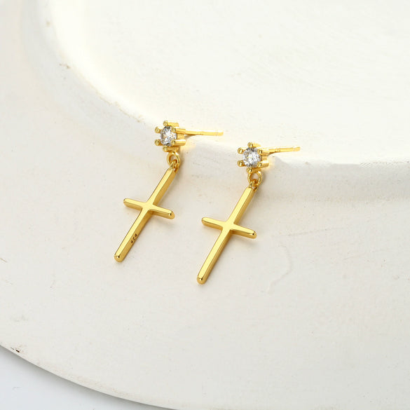 Silver Inlaid Zircon Cross Geometric Women's Earrings