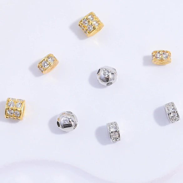 Silver Inlaid Zirconia Multilayered Cylinder Wheel Round Beads Bracelet Necklace Loose Beads