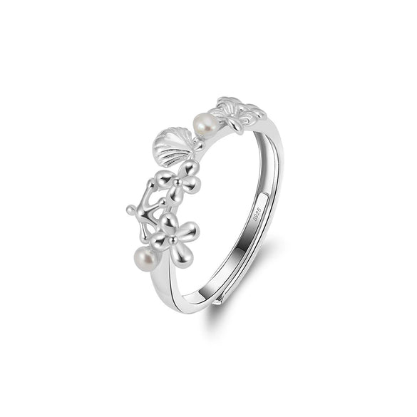 Silver Jewelry Women's Elegant Geometric And Shell Flower Ring With Electroplating