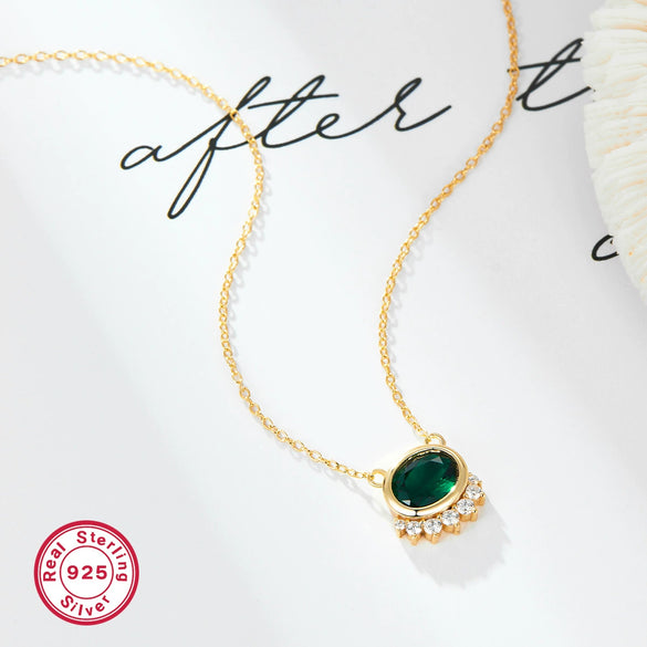 925 Silver Light Luxury Retro Clavicle Chain With Green Zircon Geometric Design For Women