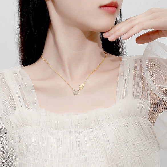 Silver Microinlaid Diamond Butterfly Necklace For Women