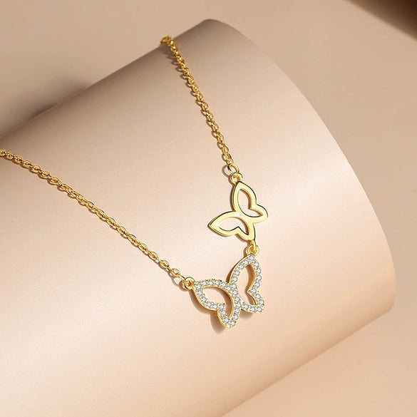 Silver Microinlaid Diamond Butterfly Necklace For Women