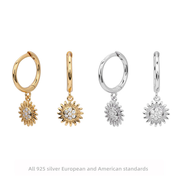 Silver Microinlaid Zircon Sunflower Earrings For Women