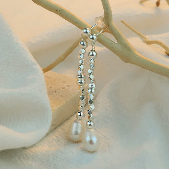 925 Silver Natural Freshwater Pearl Geometric Elegant Handmade Women's Earrings