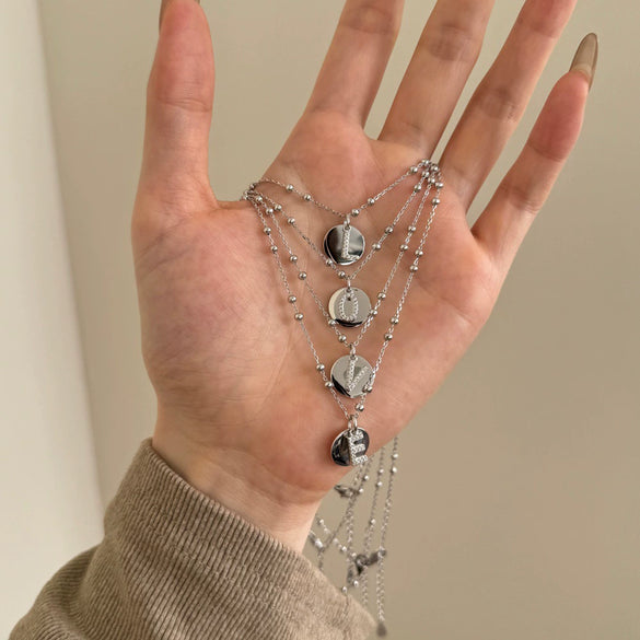 Silver Necklace Light Luxury Geometric Letter Pendant Ball Chain Electroplated