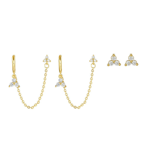Silver Needle Accessible Luxury Style Earrings Set With Copper Clover Tassel Pendant And Zirconia Leaves Pattern