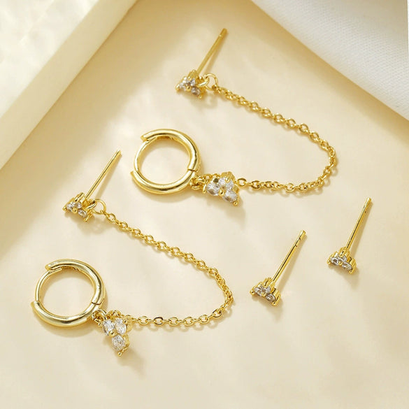 Silver Needle Accessible Luxury Style Earrings Set With Copper Clover Tassel Pendant And Zirconia Leaves Pattern