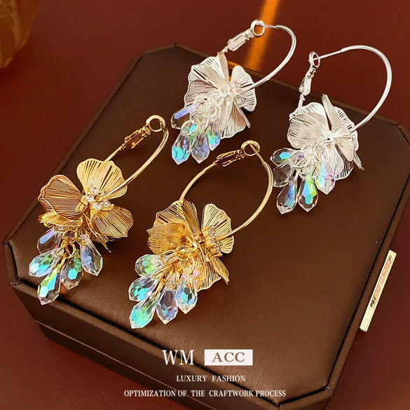 Silver Needle Artificial Crystal Flower Geometric Earrings Electroplated With Real Gold For Women