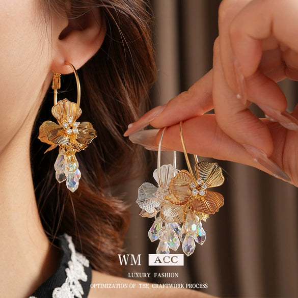 Silver Needle Artificial Crystal Flower Geometric Earrings Electroplated With Real Gold For Women