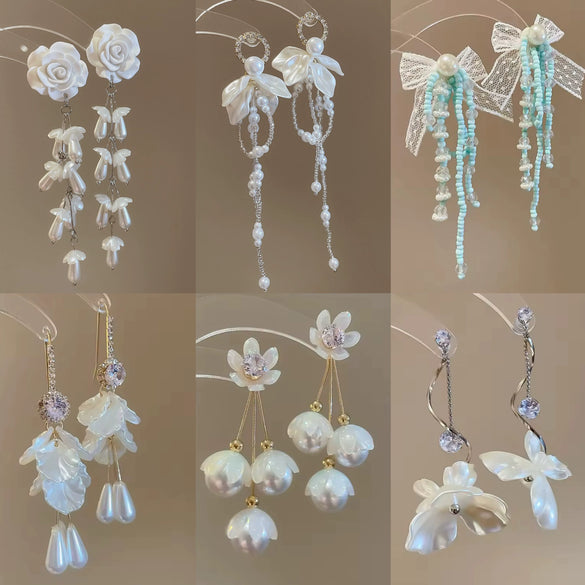 Silver Needle Artificial Crystal Flower Tassel Handmade Women's Earrings