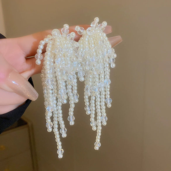 Silver Needle Artificial Crystal Flower Tassel Handmade Women's Earrings