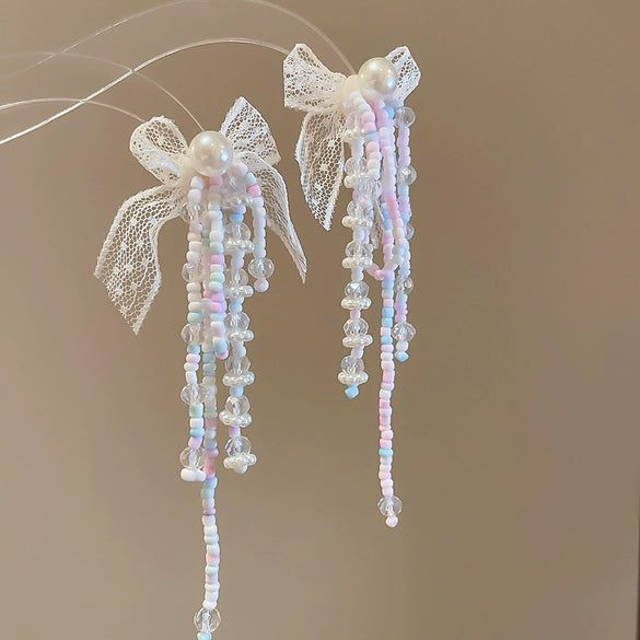 Silver Needle Artificial Crystal Flower Tassel Handmade Women's Earrings