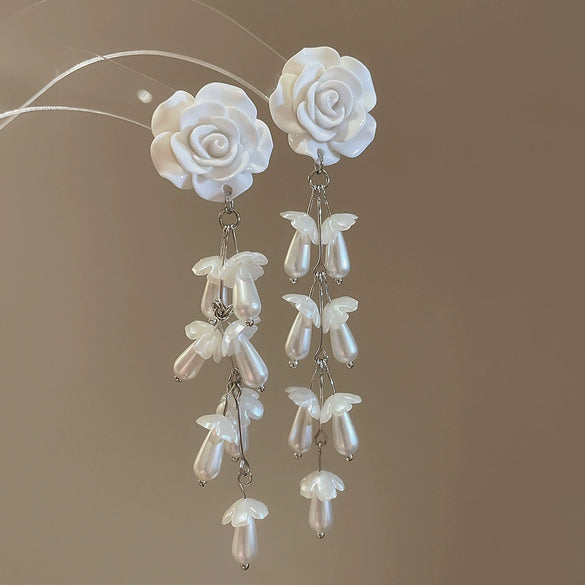 Silver Needle Artificial Crystal Flower Tassel Handmade Women's Earrings