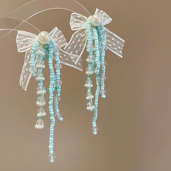 Silver Needle Artificial Crystal Flower Tassel Handmade Women's Earrings