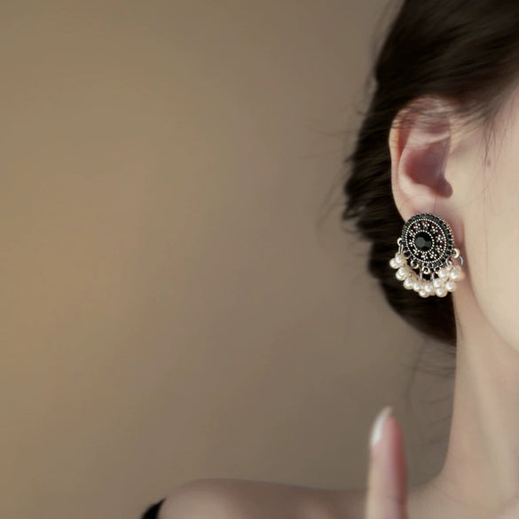 Silver Needle Artificial Pearl Earrings With Diamond And Geometric Pattern Retro Ethnic Style