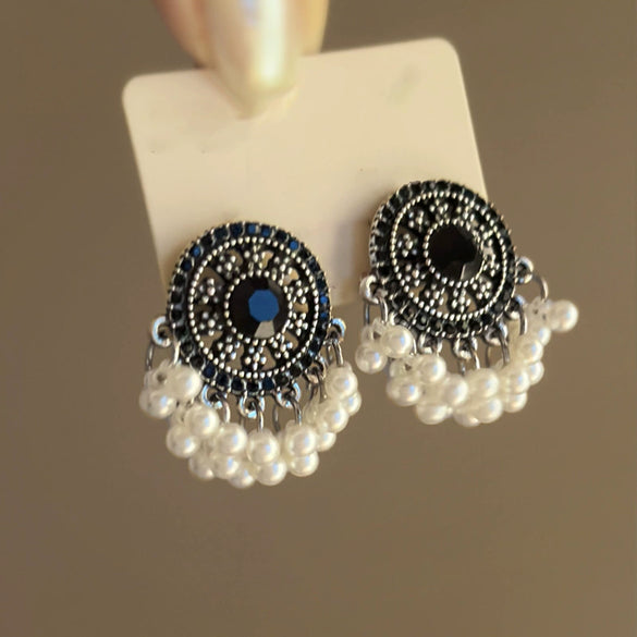 Silver Needle Artificial Pearl Earrings With Diamond And Geometric Pattern Retro Ethnic Style