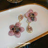 Silver Needle Asymmetric Water Drop Glass Glazed Bead Flower Earrings For Women Set With Diamonds Highend