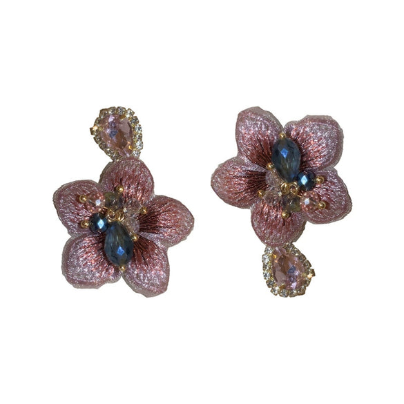 Silver Needle Asymmetric Water Drop Glass Glazed Bead Flower Earrings For Women Set With Diamonds Highend
